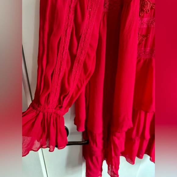 Free People Red Embroidered Boho Tiered Mini Dress | Large - Picture 6 of 11